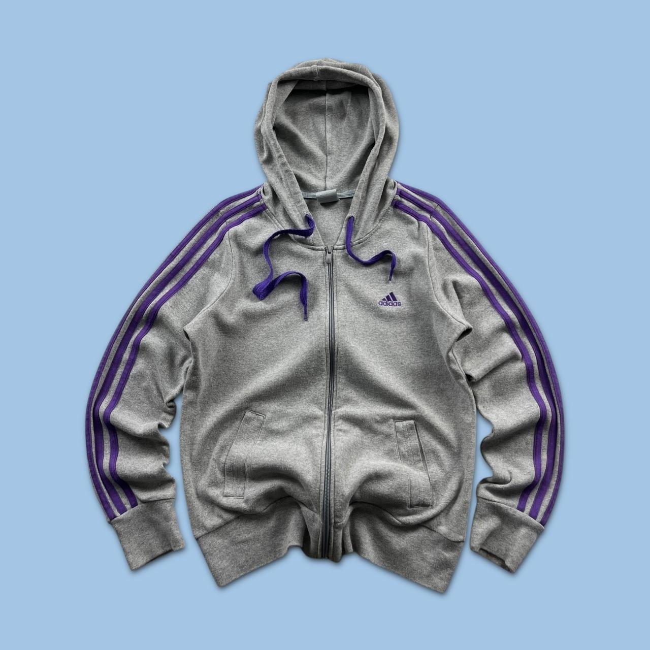 VINTAGE Y2K ADIDAS STRIPE ZIP HOODIE GREY PURPLE