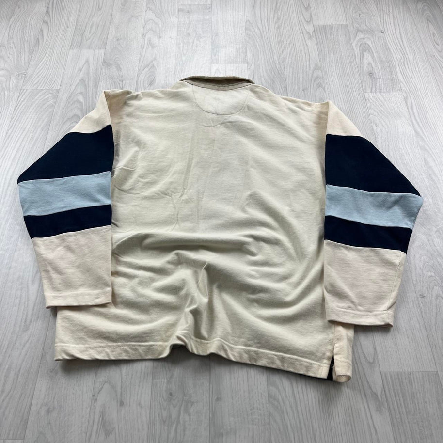VINTAGE Y2K STRIPED LONG SLEEVE RUGBY POLO SHIRT WHITE BLUE