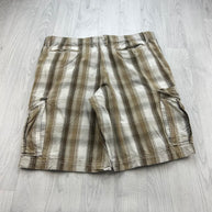 VINTAGE Y2K NO BOUNDARIES BAGGY CHECKERED PLAID CARGO SHORTS BEIGE