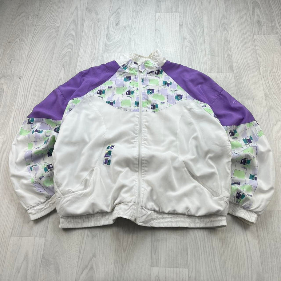 VINTAGE 90s REEBOK GEOMETRIC GRAPHIC WINDBREAKER JACKET WHITE / PURPLE