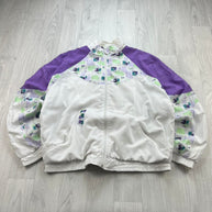 VINTAGE 90s REEBOK GEOMETRIC GRAPHIC WINDBREAKER JACKET WHITE / PURPLE