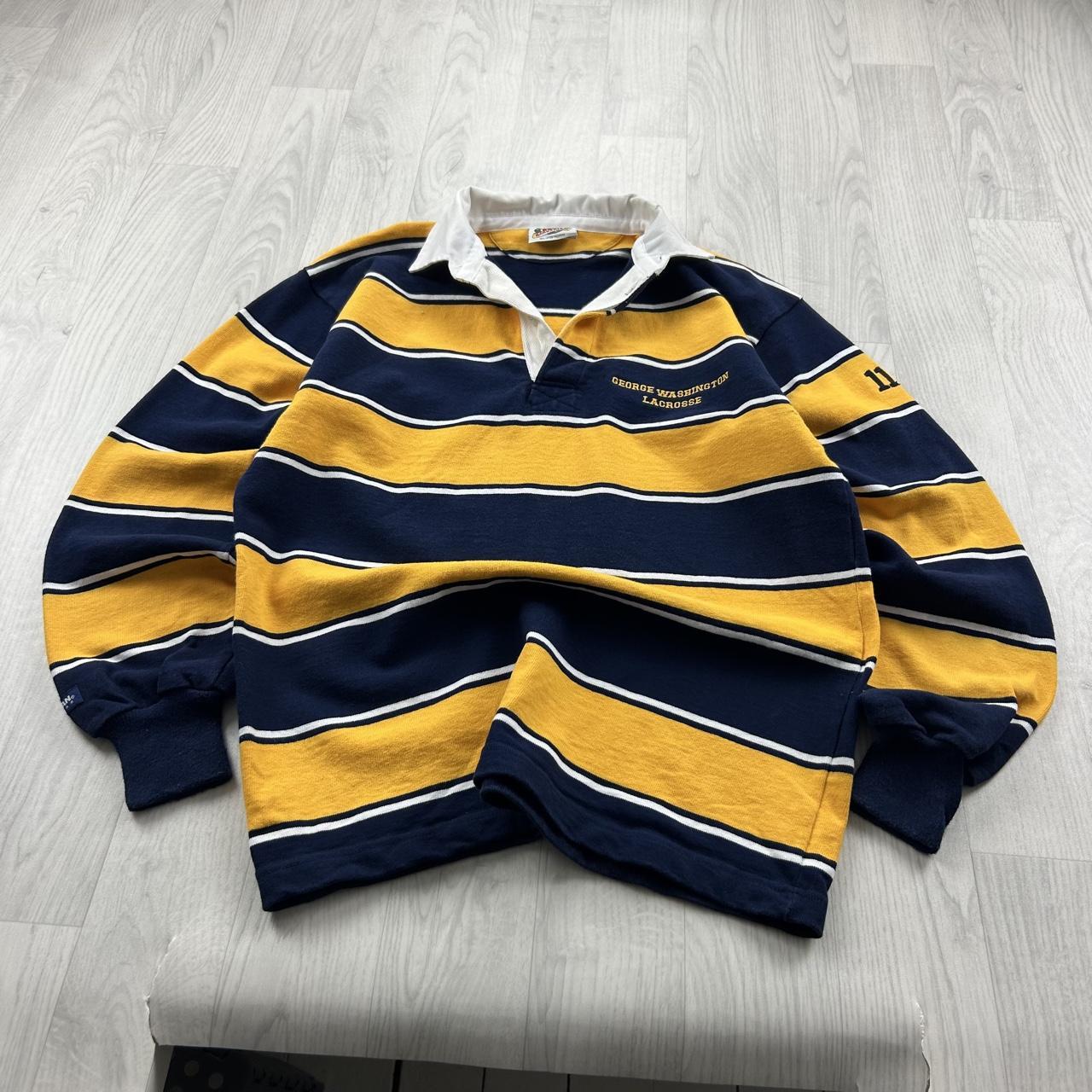 VINTAGE Y2K STRIPED LONG SLEEVE RUGBY POLO SHIRT YELLOW NAVY