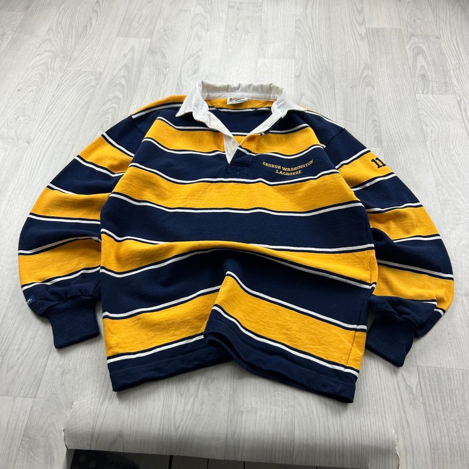 VINTAGE Y2K STRIPED LONG SLEEVE RUGBY POLO SHIRT YELLOW NAVY