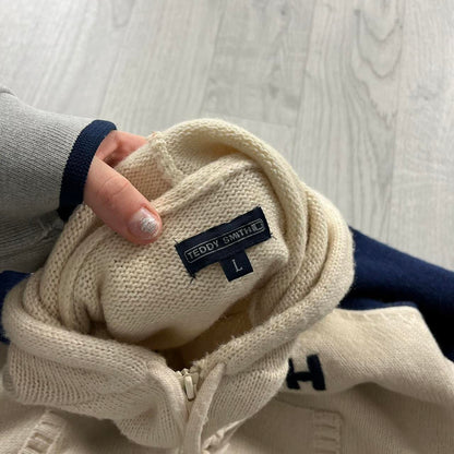 VINTAGE Y2K TEDDY SMITH CHUNKY ZIP KNITTED HOODIE CREAM