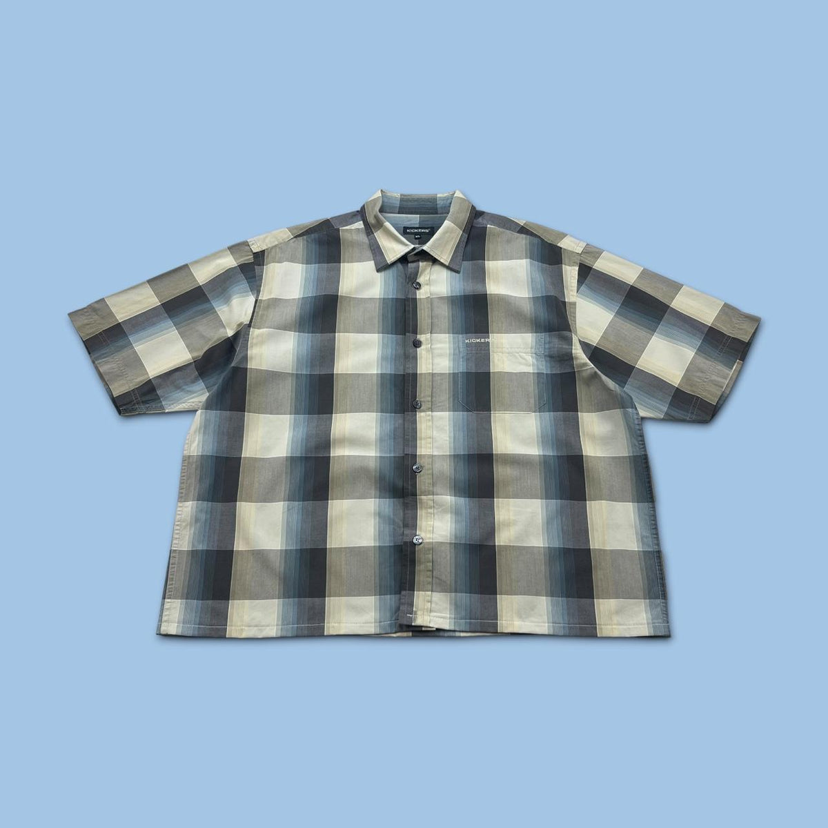VINTAGE 00s KICKERS CHECKERED CROPPED SHORT SLEEVE BUTTON UP SHIRT BLUE / BEIGE