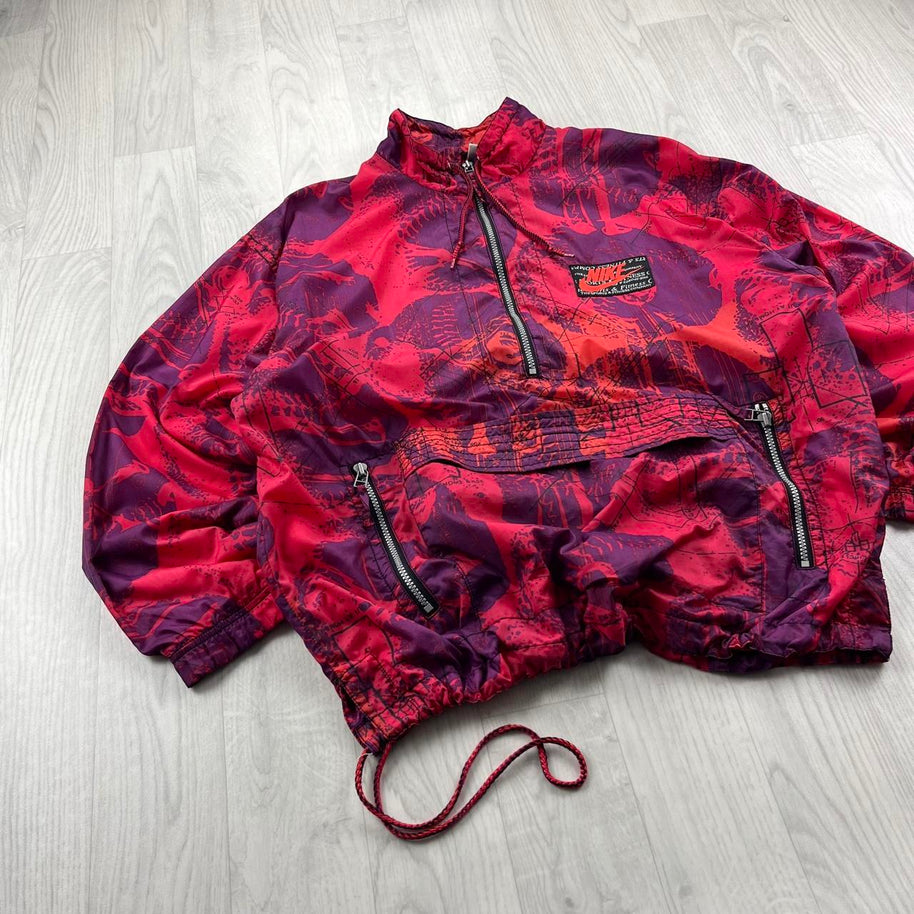 VINTAGE RARE 90s NIKE QUARTER ZIP GRAPHIC WINDBREAKER JACKET RED / PURPLE