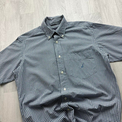 VINTAGE Y2K NAUTICA CHECKERED SHORT SLEEVE BUTTON UP SHIRT NAVY BLUE
