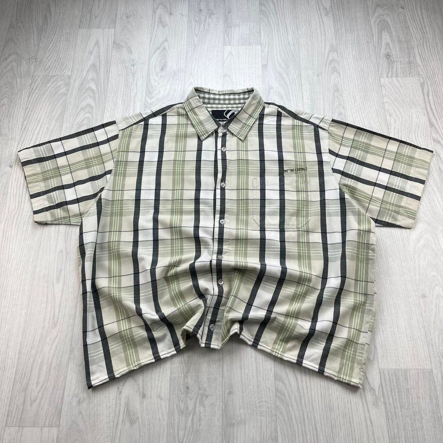 VINTAGE 00s ANIMAL CHECKERED CROPPED SHORT SLEEVE BUTTON UP SHIRT CREAM / GREEN