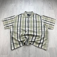 VINTAGE 00s ANIMAL CHECKERED CROPPED SHORT SLEEVE BUTTON UP SHIRT CREAM / GREEN