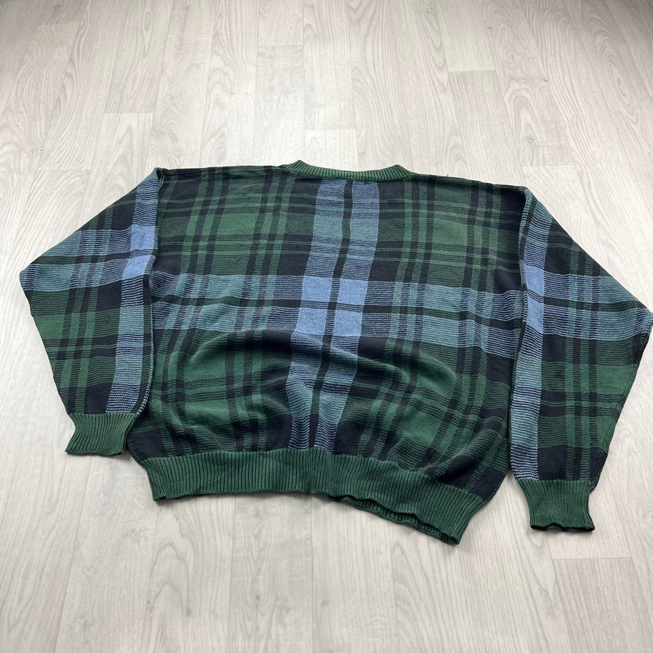 VINTAGE 90s CHECKERED PATTERN KNITTED JUMPER GREEN / BLUE