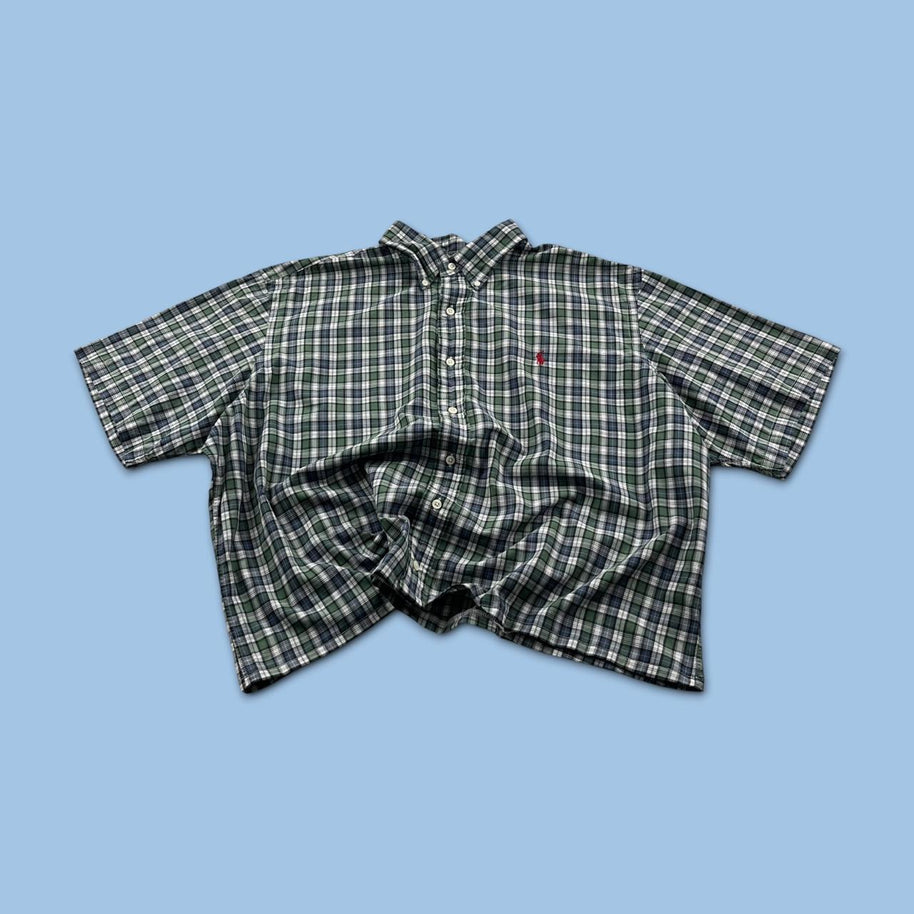 VINTAGE 00s RALPH LAUREN CHECKERED CROPPED SHORT SLEEVE BUTTON UP SHIRT GREEN