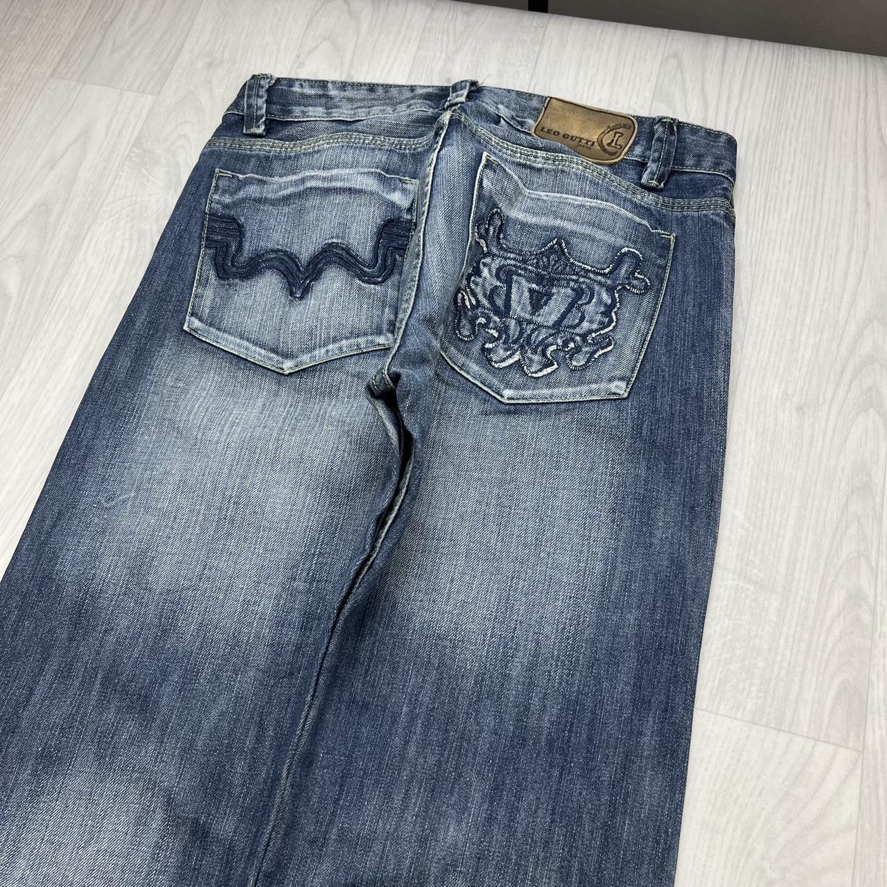 VINTAGE Y2K LEO EMBROIDERED STRAIGHT LEG JEANS NAVY BLUE