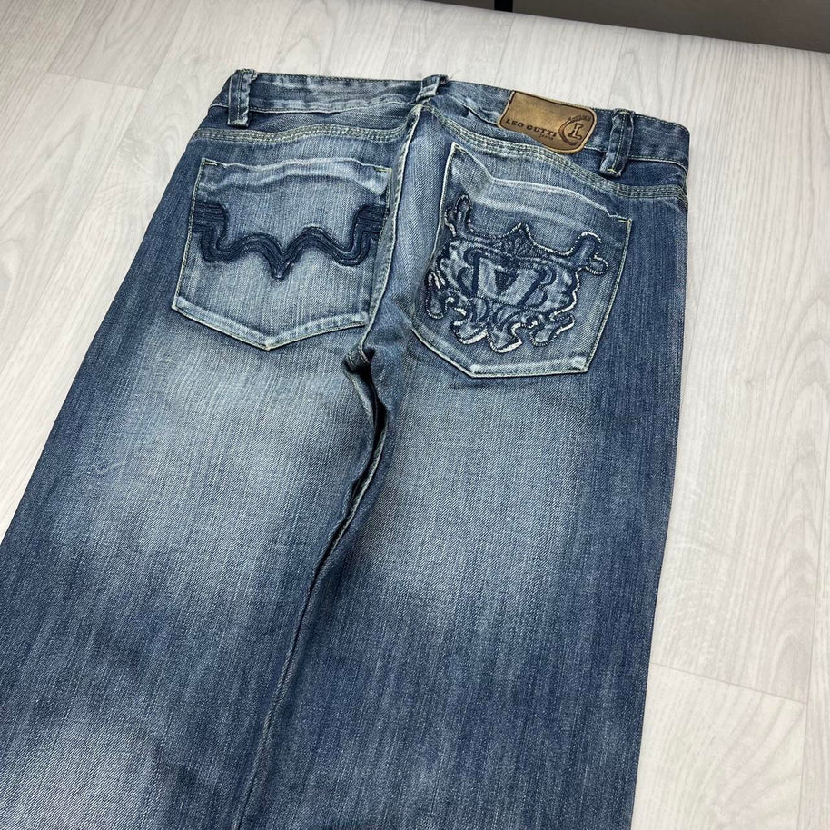 VINTAGE Y2K LEO EMBROIDERED STRAIGHT LEG JEANS NAVY BLUE