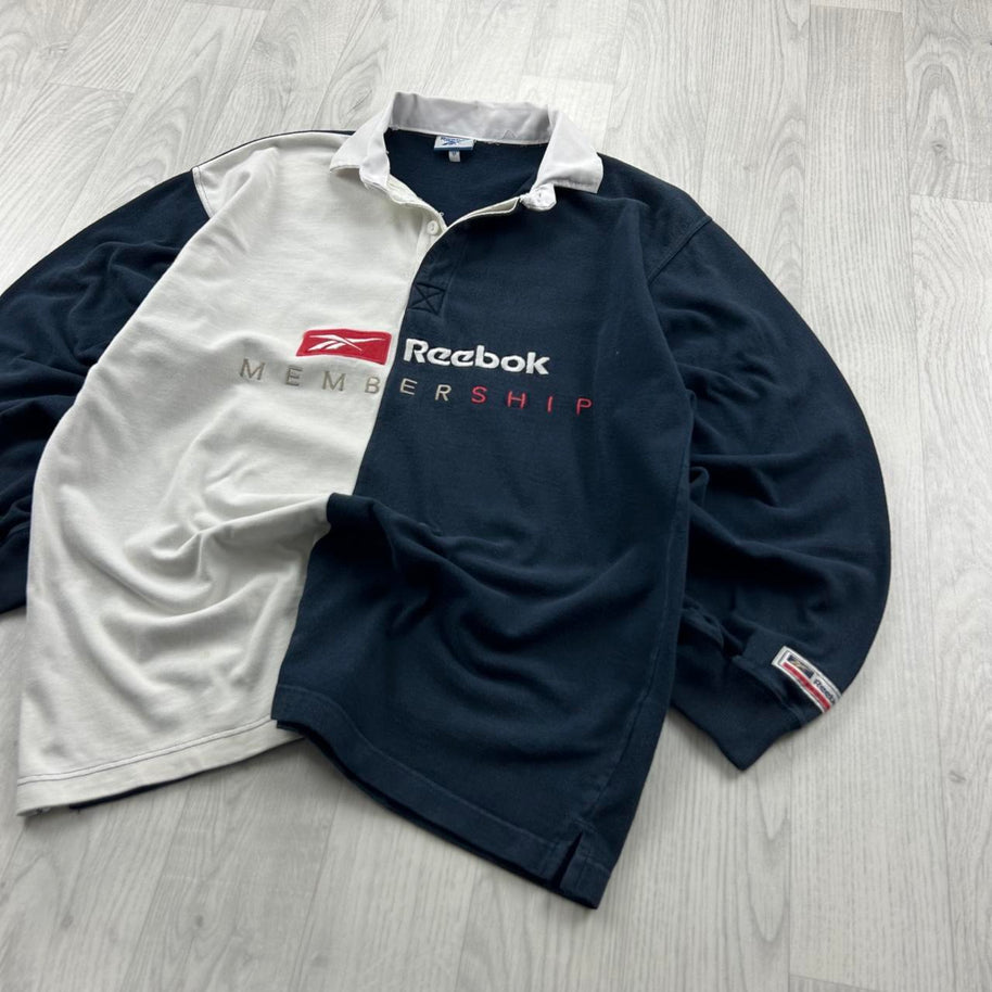 VINTAGE Y2K REEBOK LONG SLEEVE RUGBY POLO SHIRT NAVY WHITE