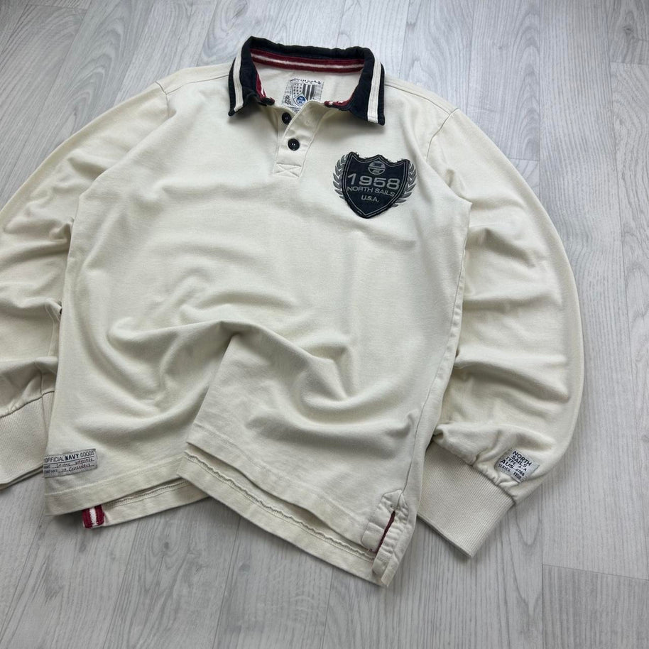 VINTAGE Y2K NORTH SAILS LONG SLEEVE RUGBY POLO SHIRT CREAM
