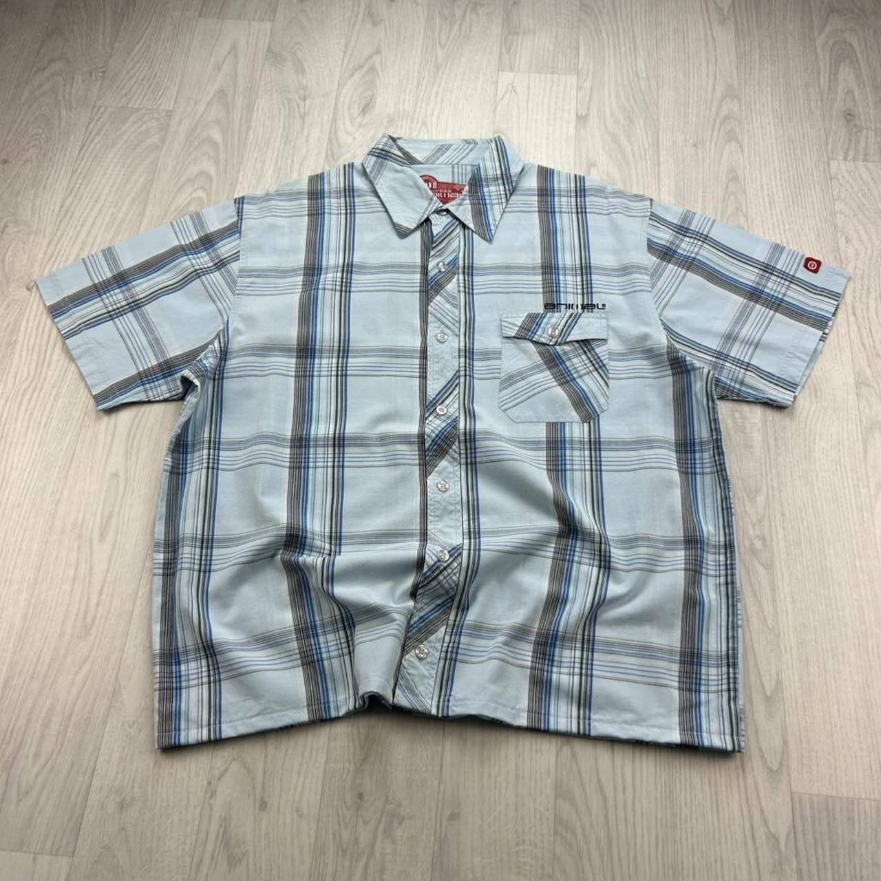 VINTAGE 00s ANIMAL CHECKERED CROPPED SHORT SLEEVE BUTTON UP SHIRT LIGHT BLUE