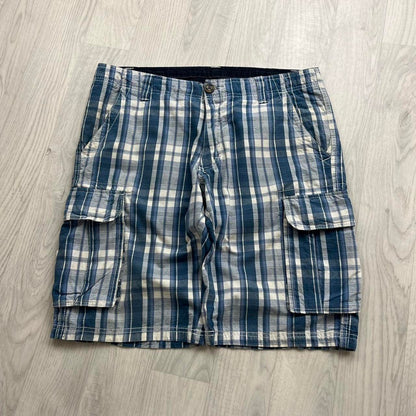VINTAGE Y2K BAGGY CHECKERED PLAID SHORTS BLUE / WHITE