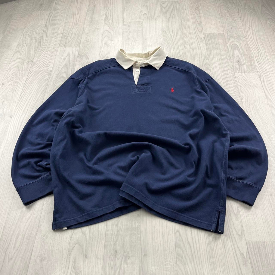 VINTAGE Y2K RALPH LAUREN PLAIN LONG SLEEVE RUGBY POLO SHIRT NAVY
