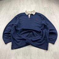 VINTAGE Y2K RALPH LAUREN PLAIN LONG SLEEVE RUGBY POLO SHIRT NAVY