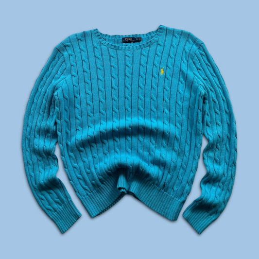 VINTAGE Y2K POLO RALPH LAUREN CHUNKY CABLE KNITTED JUMPER BLUE