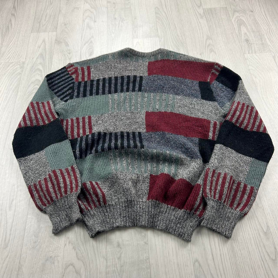 VINTAGE 90s PATTERN COLOUR BLOCK KNITTED JUMPER GREY / MULTI