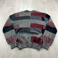 VINTAGE 90s PATTERN COLOUR BLOCK KNITTED JUMPER GREY / MULTI