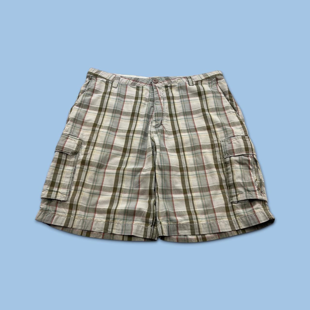 VINTAGE Y2K DOCKERS BAGGY CHECKERED PLAID CARGO SHORTS BEIGE / CREAM