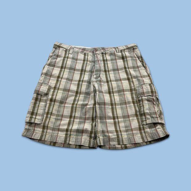VINTAGE Y2K DOCKERS BAGGY CHECKERED PLAID CARGO SHORTS BEIGE / CREAM