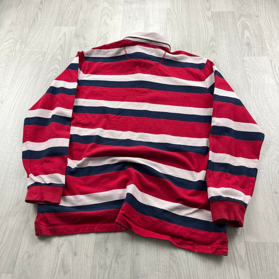 VINTAGE Y2K GAZMAN STRIPED LONG SLEEVE RUGBY POLO SHIRT RED