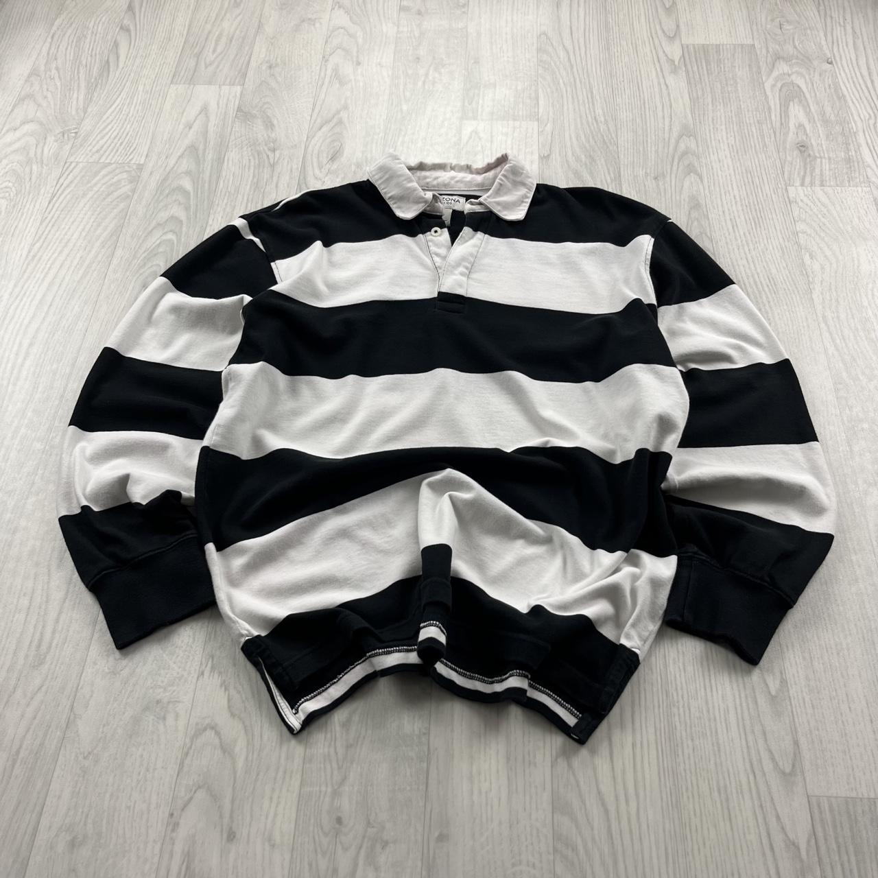 VINTAGE Y2K ARIZONA STRIPED LONG SLEEVE RUGBY POLO SHIRT BLACK / WHITE
