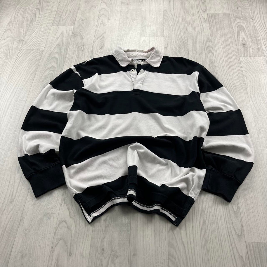 VINTAGE Y2K ARIZONA STRIPED LONG SLEEVE RUGBY POLO SHIRT BLACK / WHITE