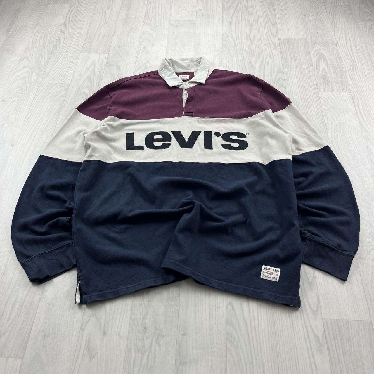 VINTAGE Y2K LEVIS STRIPED LONG SLEEVE RUGBY POLO SHIRT NAVY / BURGUNDY