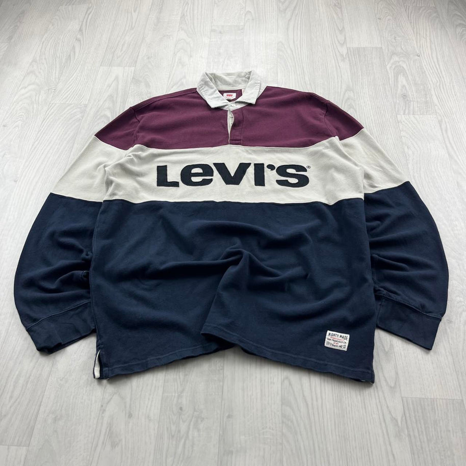 VINTAGE Y2K LEVIS STRIPED LONG SLEEVE RUGBY POLO SHIRT NAVY / BURGUNDY