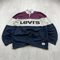 VINTAGE Y2K LEVIS STRIPED LONG SLEEVE RUGBY POLO SHIRT NAVY / BURGUNDY
