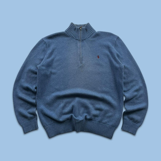 VINTAGE Y2K POLO RALPH LAUREN CHUNKY QUARTER ZIP KNITTED JUMPER BLUE