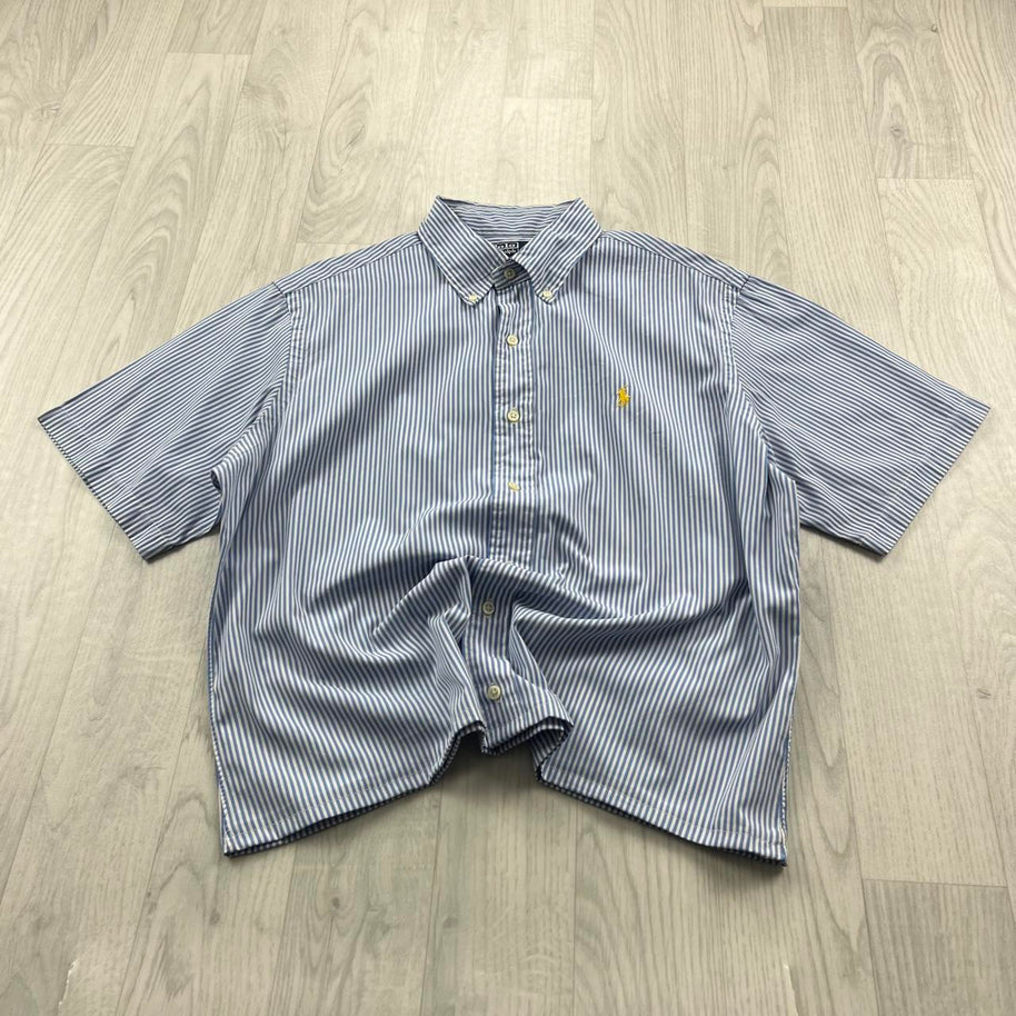 VINTAGE 00s RALPH LAUREN STRIPED CROPPED SHORT SLEEVE BUTTON UP SHIRT BLUE