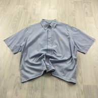VINTAGE 00s RALPH LAUREN STRIPED CROPPED SHORT SLEEVE BUTTON UP SHIRT BLUE