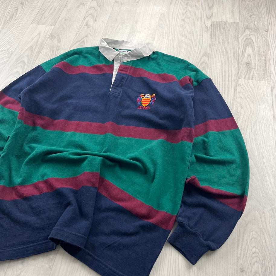 VINTAGE Y2K STRIPED LONG SLEEVE RUGBY POLO SHIRT NAVY / GREEN