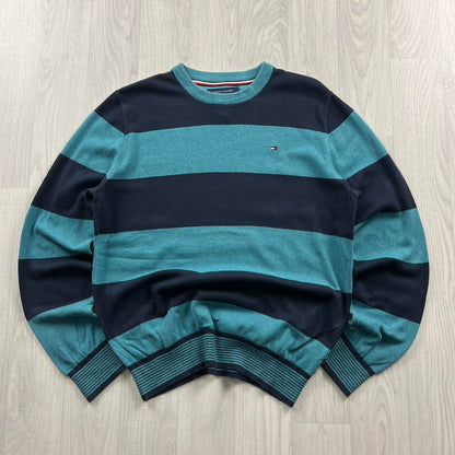 VINTAGE Y2K TOMMY HILFIGER STRIPED KNITTED JUMPER NAVY BLUE