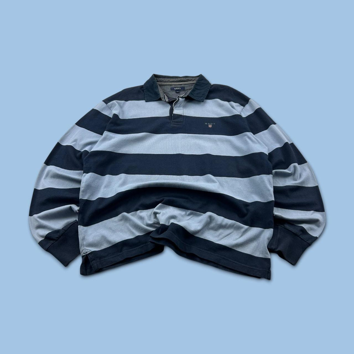 VINTAGE Y2K GANT STRIPED LONG SLEEVE RUGBY POLO SHIRT BLUE / NAVY