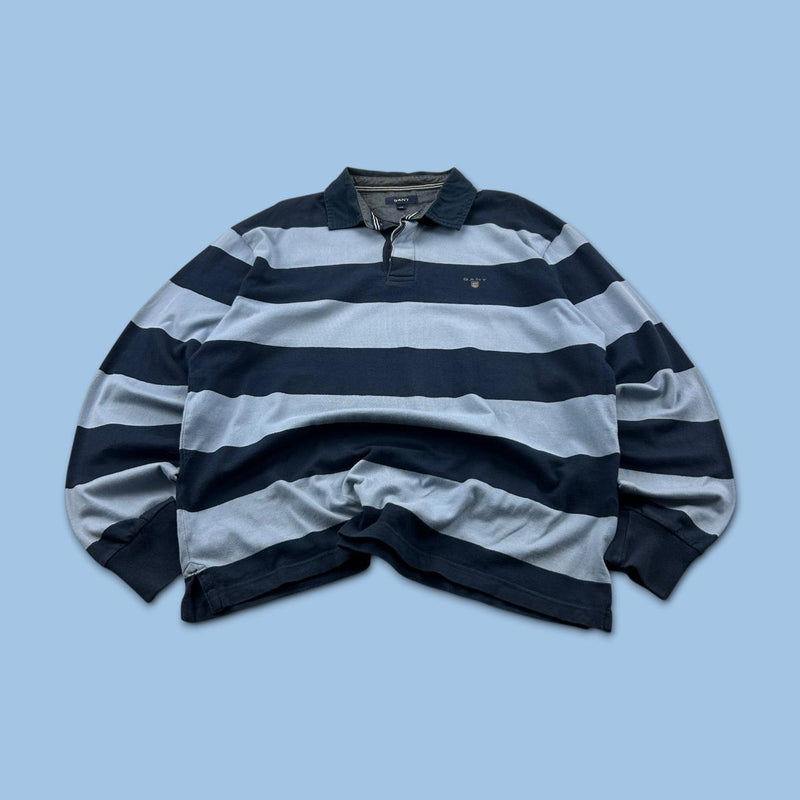 VINTAGE Y2K GANT STRIPED LONG SLEEVE RUGBY POLO SHIRT BLUE / NAVY