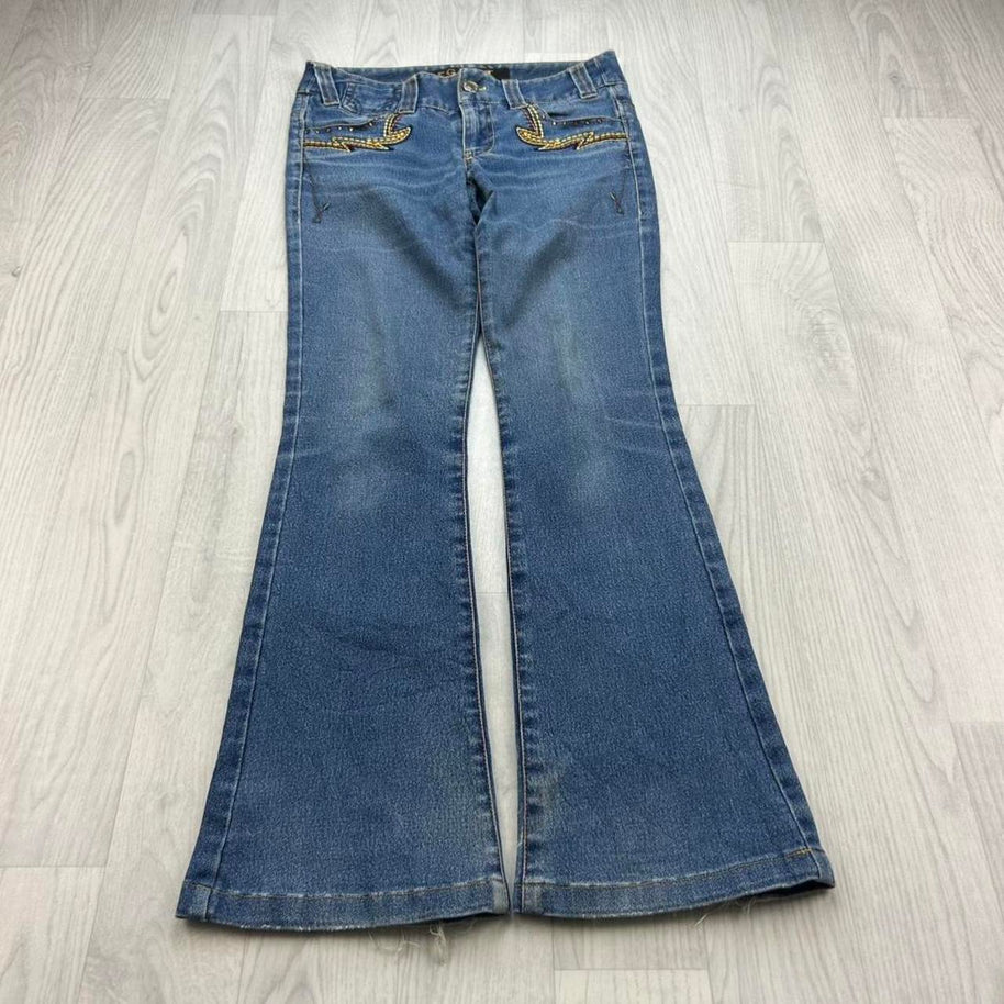 VINTAGE Y2K EGOIST LOW RISE EMBROIDERED FLARED JEANS BLUE