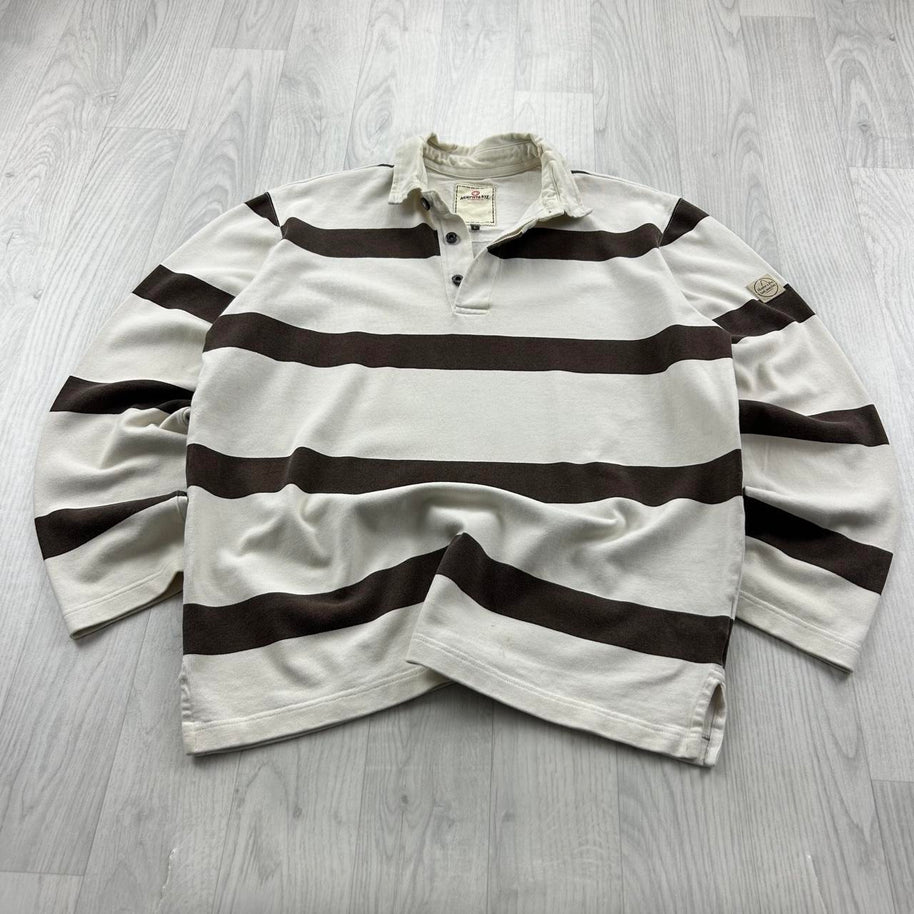VINTAGE Y2K STRIPED LONG SLEEVE RUGBY POLO SHIRT WHITE / BROWN