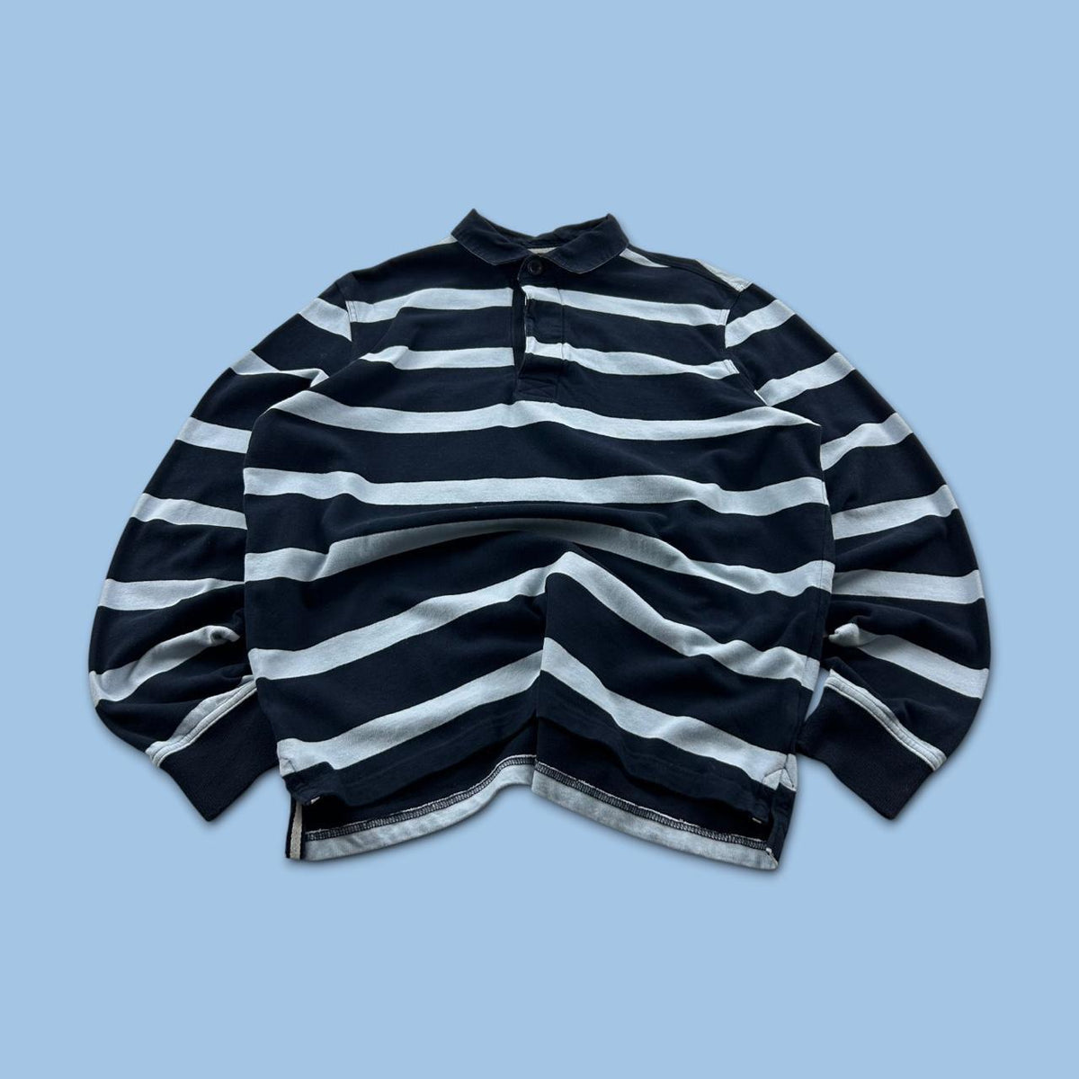 VINTAGE Y2K STRIPED LONG SLEEVE RUGBY POLO SHIRT NAVY / BLUE