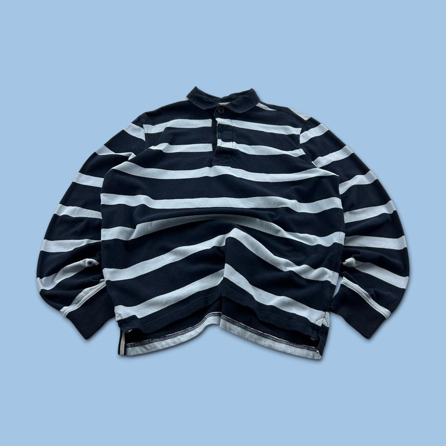 VINTAGE Y2K STRIPED LONG SLEEVE RUGBY POLO SHIRT NAVY / BLUE