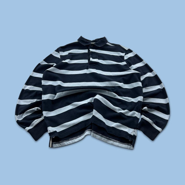 VINTAGE Y2K STRIPED LONG SLEEVE RUGBY POLO SHIRT NAVY / BLUE