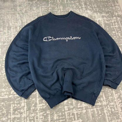 VINTAGE Y2K CHAMPION SPELL OUT BOXY SWEATSHIRT NAVY