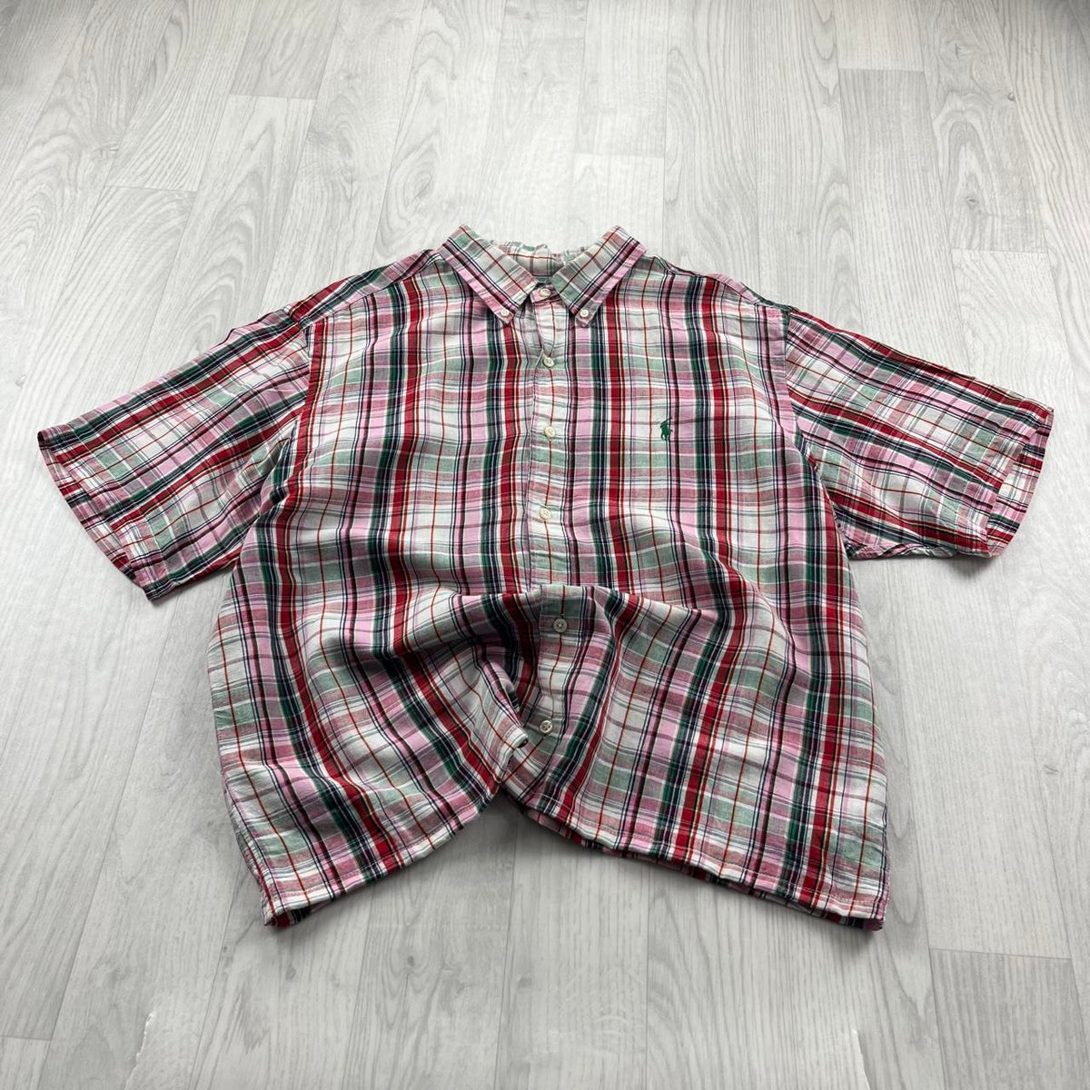 VINTAGE 00s RALPH LAUREN CHECKERED CROPPED SHORT SLEEVE BUTTON UP SHIRT RED