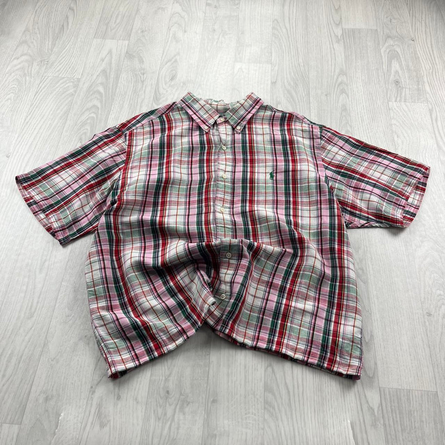 VINTAGE 00s RALPH LAUREN CHECKERED CROPPED SHORT SLEEVE BUTTON UP SHIRT RED