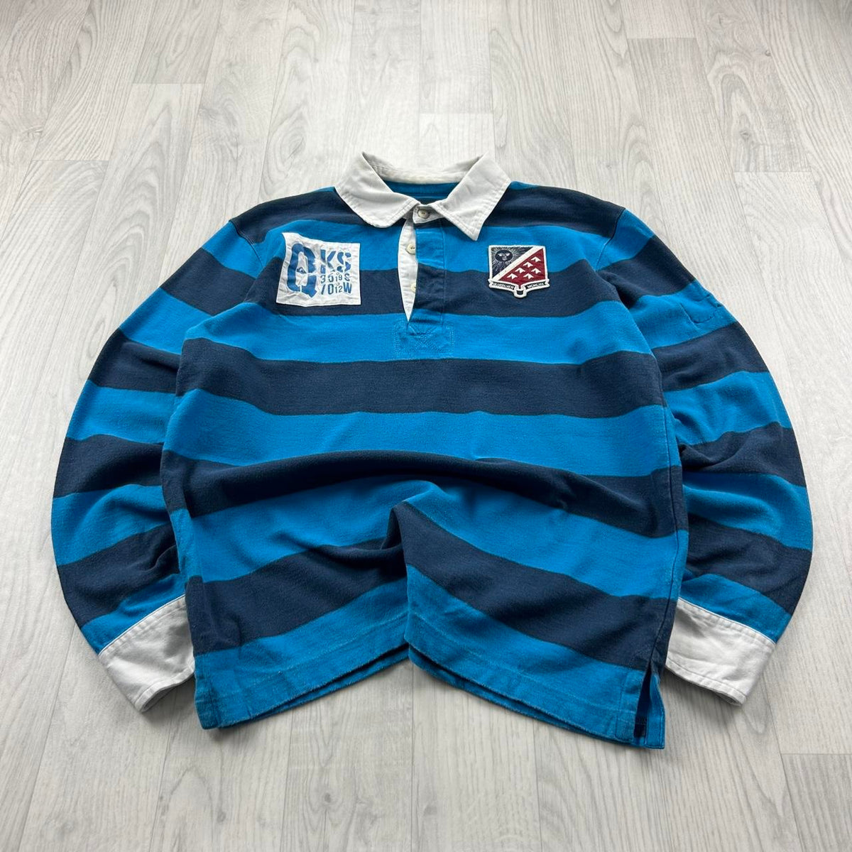 VINTAGE Y2K QUIKSILVER STRIPED LONG SLEEVE RUGBY POLO SHIRT BLUE